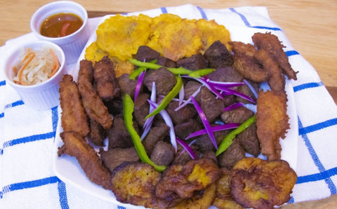 fried beef with fried plantain